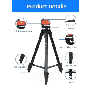 Jmary KP-2205 Aluminum Tripod 134CM | 4-Section Aluminum Legs | Universal Lightweight Tripod with Mobile Phone Holder Mount