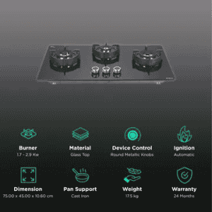 Elica |  FLEXI | DFS FB | 75 DX  Glass Top 3 Burner Automatic Hob  | Round Enamelled | Grid Black