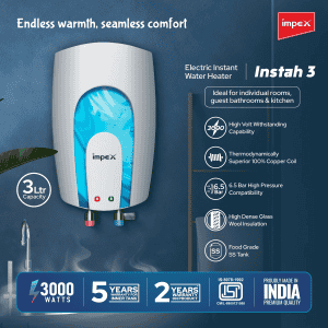 Impex INSTAH 3 Instant Water Heater | 3L | 3000W | High-Pressure 6.5 Bar | Rapid Heating | White