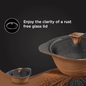 Preethi Artistic Die Cast Non Stick Kadai | 24 cm |  Glass Lid  | 5 Star | Brown