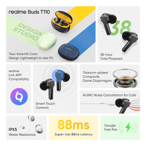 realme Buds T110 | AI ENC | Bluetooth | Punk Black | RMA2306