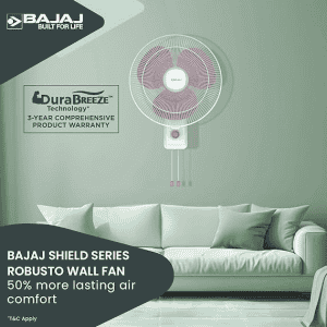 Bajaj Robusto Oscillating Wall Fan | 400mm | High Air Delivery | Modern Décor | Lavender & White