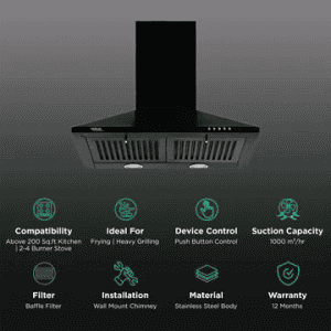 hindware Myra 60cm | 1000m3 hr | Ducted Auto Clean Wall Mounted Chimney with Push Button Control | Black