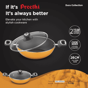Preethi Dura Collection Non Stick Kadai with Glass Lid | 26 cm | Yellow