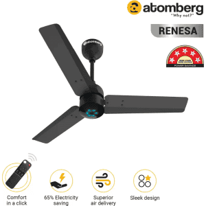 Atomberg Renesa Ceiling Fan |  900 mm BLDC Ceiling Fan with Remote Control | LED Indicators |Midnight Black | FG0382