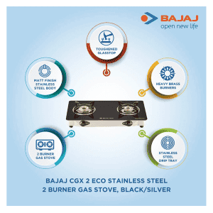 Bajaj CGX2 Eco Glass Top 2 Burner |  Stainless Steel | Black Gas Stove | 450512