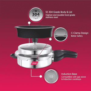 Preethi Stainless Steel Outer Lid | 3 L | Pressure Cooker with Spill Splash Shield Zero Spill  Zero Splash | Induction Base