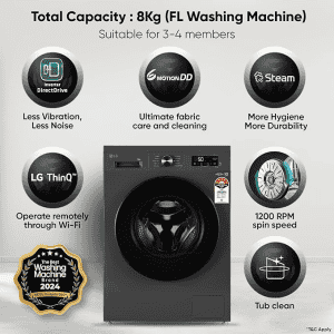 LG Fully Automatic Front Load Washing Machine | 8 kg | In-built Heater | Grey Black | FHB1208Z4M