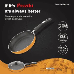 ‎Preethi Dura Collection Non Stick Fry Pan | 26 cm | Glass Lid Gas | 5 Star | Non Stick Effect | Turmeric Yellow