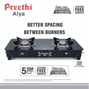Preethi Alya 2.0 Glass Top Gas Stove | 2 Burner | Manual Ignition Bati Stand | Black