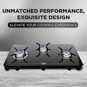 Preethi Luxe Pro Glass Top Gas Stove | Driptray Less Infinity Design Jumbo Burner | 3 Burner | Black