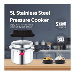 Preethi Induction Base Stainless Steel Outer Lid Pressure Cooker | Spill Splash Shield | 5 L | Silver
