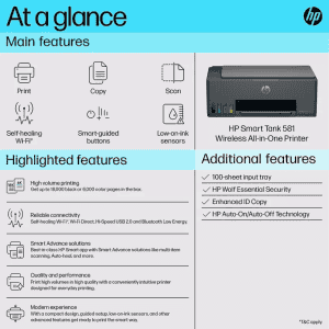 HP Smart Tank 581 | Multi-function WiFi Color Ink Tank Printer | Scan| Copy with 2 Extra Black Ink Bottle