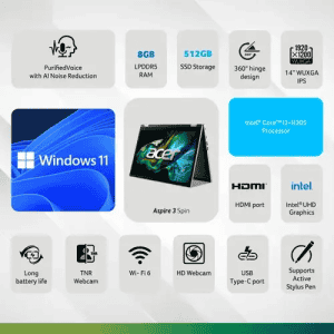 acer Aspire 3 Spin14 Laptop | Intel Core i3 2-in1 |  8GB | 512GB SSD | WUXGA IPS | Pure Silver |  NX.KENSI.003
