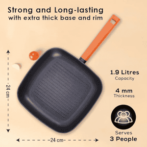 Wonderchef Caesar Forged Virgin Aluminium Grill Pan | 24cm | Greblon C3 | Non-stick Coating | PFOA Free German Beechwood Handles | Black