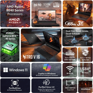 Acer Nitro V 16 Gaming Laptop | AMD Ryzen 7 Octa Core 8845HS | NVIDIA GeForce RTX 4060 | 16 GB | 1 TB SSD | Black | NH.QP0SI.001