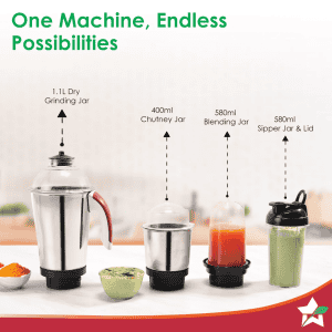 Wonderchef Acura Plus Mixer Grinder | 750W | 4 Jars for Blending Dry Masala Grinding Chutney Grinding Smoothie | Grind Tough Ingredients
