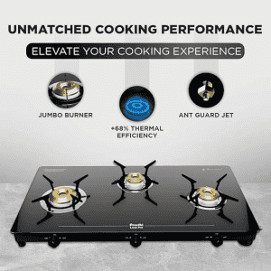 Preethi Luxe Pro Glass Top Gas Stove | Driptray Less Infinity Design Jumbo Burner | 3 Burner | Black