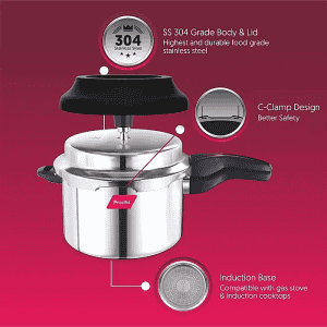 Preethi Induction Base Stainless Steel Outer Lid Pressure Cooker | Spill Splash Shield | 5 L | Silver