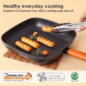 Wonderchef Caesar Forged Virgin Aluminium Grill Pan | 24cm | Greblon C3 | Non-stick Coating | PFOA Free German Beechwood Handles | Black