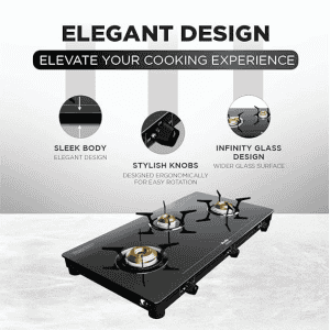 Preethi Luxe Pro Glass Top Gas Stove | Driptray Less Infinity Design Jumbo Burner | 3 Burner | Black