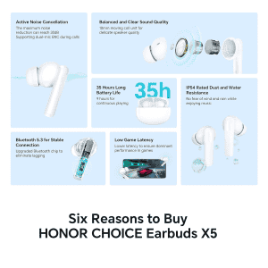 Honor Choice X5 Earbuds | 30dB ANC | Bluetooth 5.3 | White