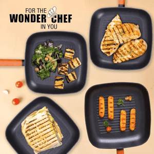 Wonderchef Caesar Forged Virgin Aluminium Grill Pan | 24cm | Greblon C3 | Non-stick Coating | PFOA Free German Beechwood Handles | Black