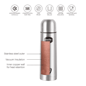 cello Lifestyle Flask | 500ml | Vacusteel Water Bottle with Thermal Jacket | Silver