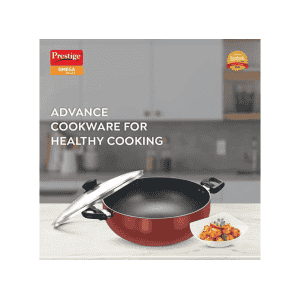 Prestige omega deluxe aluminium non stick round base deep kadai | Glass lid | 28 cm | Red