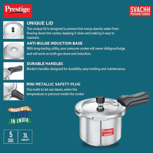 Prestige Svachh |  3 L |  Outer Lid Induction Bottom Pressure Cooker | Aluminium | Silver | 10725