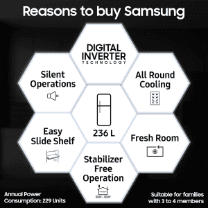 Samsung Digital Inverter Frost Free Double Door Refrigerator | 236 L | 3 Star | Elegant Inox | RT28C3053S8/HL