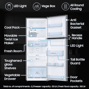 Samsung Digital Inverter Frost Free Double Door Refrigerator | 236 L | 3 Star | Elegant Inox | RT28C3053S8/HL