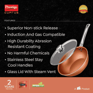 Prestige Cuprus Aluminium Gas and Induction Compatible NonStick Kadai | 28 cm | Glass Lid | Copper | 37481