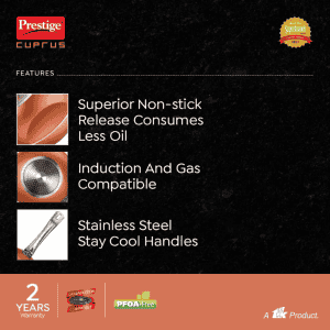 Prestige Cuprus Aluminium Gas and Induction Compatible NonStick Kadai | 28 cm | Glass Lid | Copper | 37481