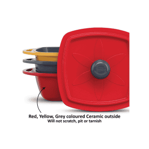 Hawkins Kitchen Gift Pack | 2.25 litre | 3 Pieces Set of Die Cast Square Mini Casseroles for Cooking | Red Yellow Grey | 23DGP