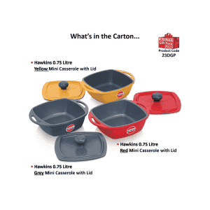 Hawkins Kitchen Gift Pack | 2.25 litre | 3 Pieces Set of Die Cast Square Mini Casseroles for Cooking | Red Yellow Grey | 23DGP