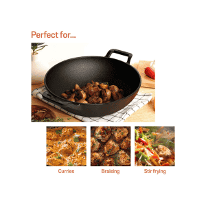 Meyer Pre Seasoned Cast Iron shallow Kadai | 30cm | Glass Lid | 48186 C