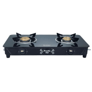 Preethi Alya 2.0 Glass Top Gas Stove | 2 Burner | Manual Ignition Bati Stand | Black