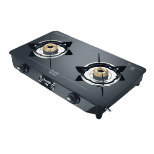Preethi Alya 2.0 Glass Top Gas Stove | 2 Burner | Manual Ignition Bati Stand | Black