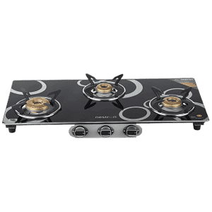 Nestron Nuclea 3 Burner | High Powered Brass Burner Gas Stove | Cooktop with Glass Top and Stainless Steel Body