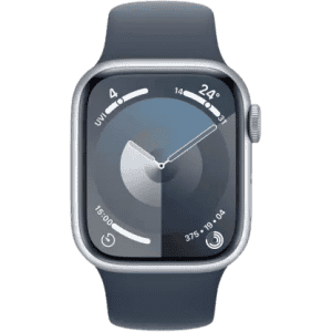 Apple Watch Series 9 | GPS 41mm Silver Aluminium Case with Storm Blue Sport Band | Silver Strap