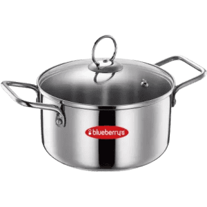BlueBerrys 22 cm Stainless Steel Hotpot Stock Pan with 3 ply Base Sandwich Bottom | Glass Lid | Induction Base Pot 22 cm diameter | 4 L capacity | Stainless Steel | Non-stick