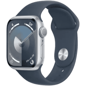 Apple Watch Series 9 | GPS 41mm Silver Aluminium Case with Storm Blue Sport Band | Silver Strap