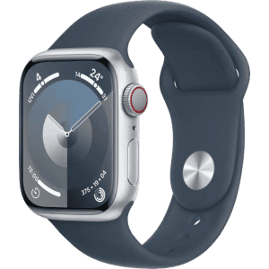 Apple Watch Series 9  | M/L |  41mm |  GPS | Cellular | Silver Aluminium Case with Storm Blue Sport Band | MRHW3HN/A