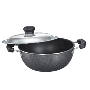 Prestige Omega Select Plus Aluminium Non-Stick Flat Base Kadhai with Lid | 27 cm | Black