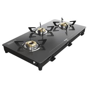 Preethi Luxe Glass Top Gas Stove | 3 Burner | With Driptray Less Infinity Design | Black