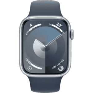 Apple Watch Series 9 | GPS 45mm Silver Aluminium Case with Storm Blue Sport Band | Silver Strap