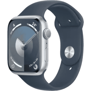 Apple Watch Series 9 | GPS 45mm Silver Aluminium Case with Storm Blue Sport Band | Silver Strap