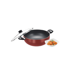 Prestige omega deluxe aluminium non stick round base deep kadai | Glass lid | 28 cm | Red