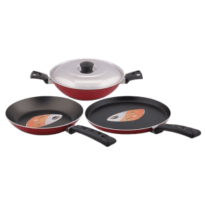 Bajaj Nirlep  Electricals, Aspa Gift Set, Non Stick Set of Flat Tawa, Fry Pan & Kadhai with Lid, Flat Tawa 26 Cm, Fry Pan 24 Cm & Kadhai 24 Cm